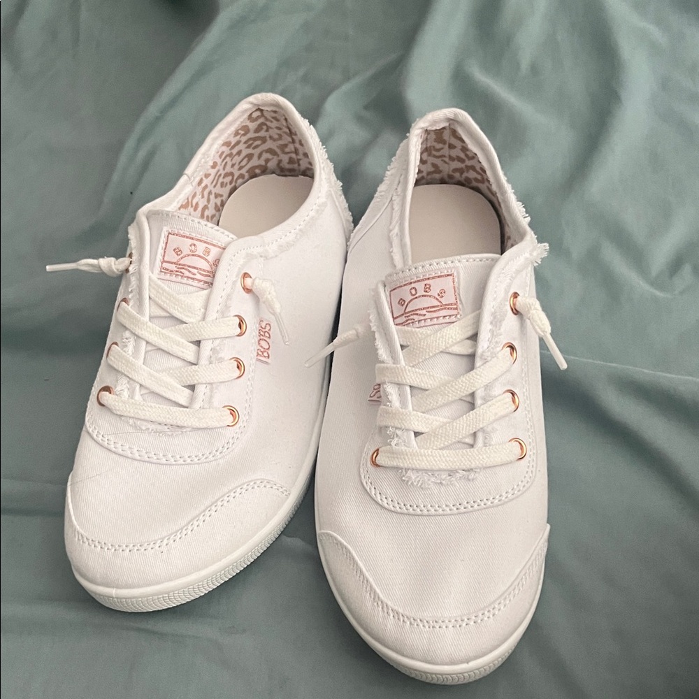 BOBS from Skechers White Canvas Sneakers with Rose Gold Eyelets